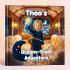 A personalized children's hardcover book titled 'Theo's Dream-Train Adventure' featuring a whimsical illustration of a young boy in blue pajamas waving a glowing star inside a train carriage filled with clouds, a crescent moon, and a rabbit.