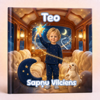 A hardcover children's book titled 'Teo Sapāu Vilciens' featuring a whimsical illustration of a young boy in navy pajamas standing in a cloud-filled train carriage at night, holding a glowing star, with a small white rabbit beside him.