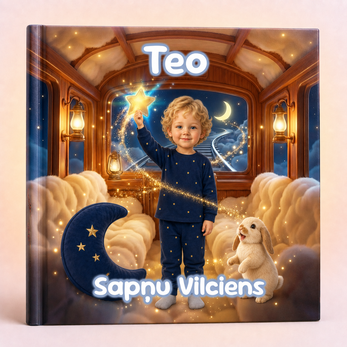 A hardcover children's book titled 'Teo Sapāu Vilciens' featuring a whimsical illustration of a young boy in navy pajamas standing in a cloud-filled train carriage at night, holding a glowing star, with a small white rabbit beside him.