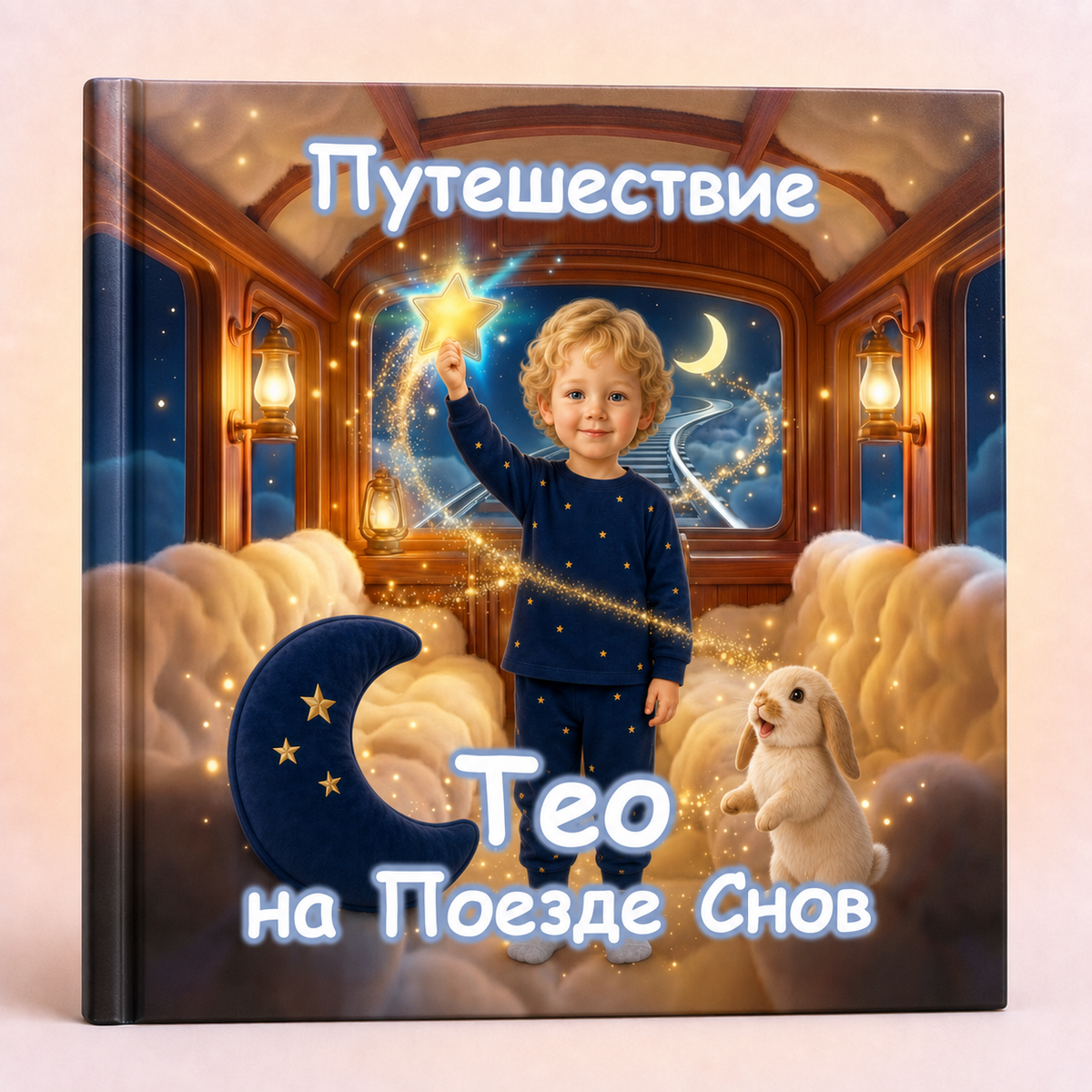 A hardcover children's book with a colorful illustrated cover showing a young child in blue pajamas standing in a train carriage with clouds, a crescent moon, stars, and a rabbit. Russian text is printed on the cover.