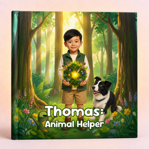 A custom canvas print featuring a digital illustration of a young boy named Thomas in an animal helper role, standing in a lush green forest with a black and white dog. The text 'Thomas: Animal Helper' is written at the bottom.