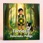 A hardcover book cover featuring an illustrated forest scene with a young boy holding a glowing green wreath and a black-and-white dog. Large white text at the bottom reads 'Tomass: Dzăvnieku Palăgs'.