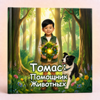 A square custom photo canvas print featuring a digital illustration of a young boy in a forest with a dog. The text on the canvas is in Russian: 'Томас: Помощник Животных' (Thomas: Animal Helper).