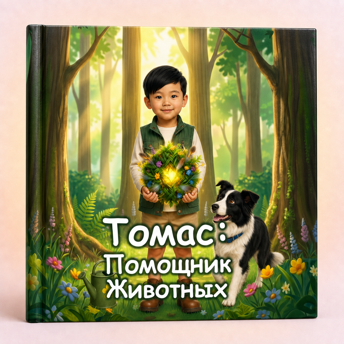 A square custom photo canvas print featuring a digital illustration of a young boy in a forest with a dog. The text on the canvas is in Russian: 'Томас: Помощник Животных' (Thomas: Animal Helper).