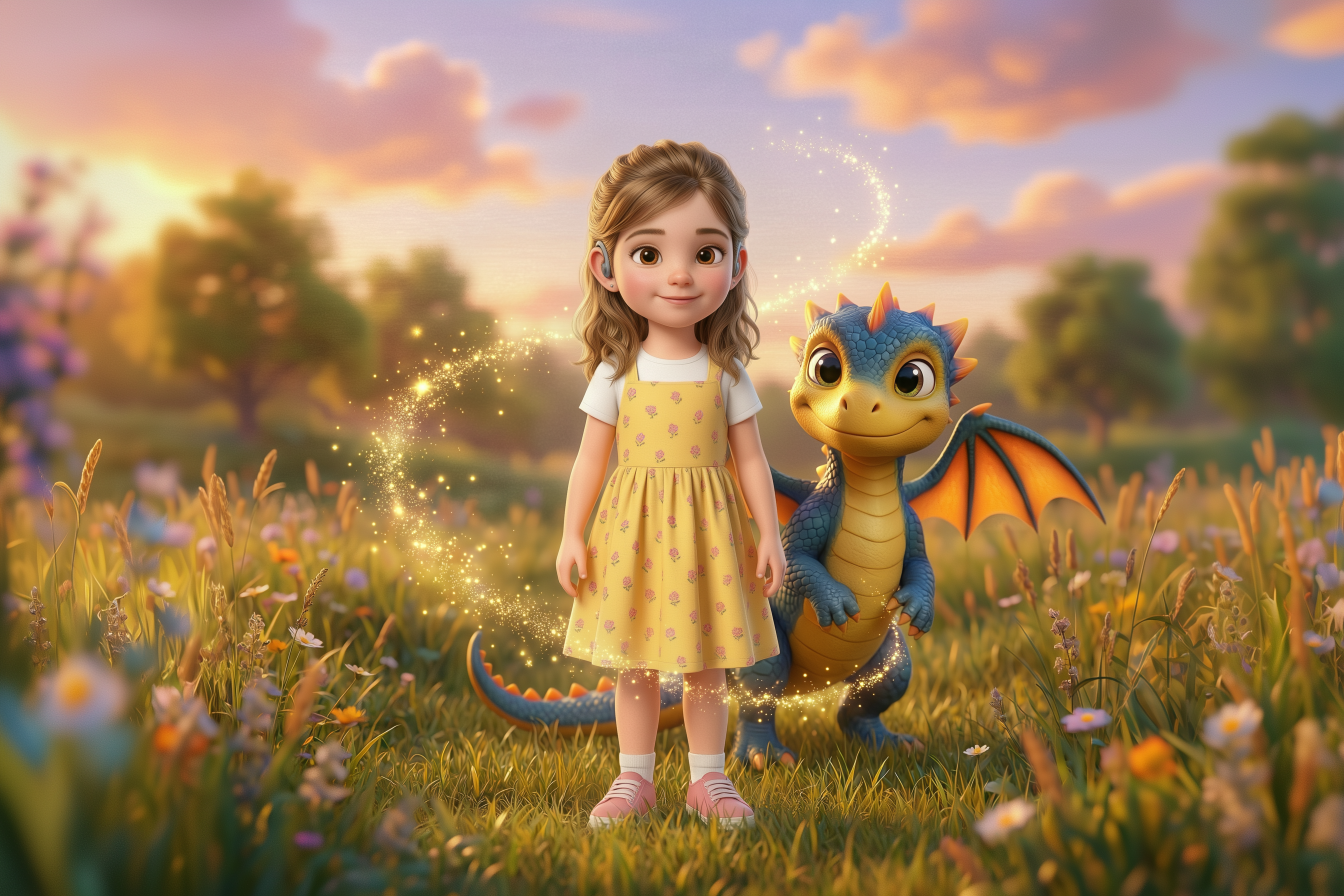 A 3D-illustrated brown-haired girl with a hearing aid in a yellow floral dress, standing with a friendly blue baby dragon in a magical meadow at sunset — the "Character" side of the personalization comparison slider.