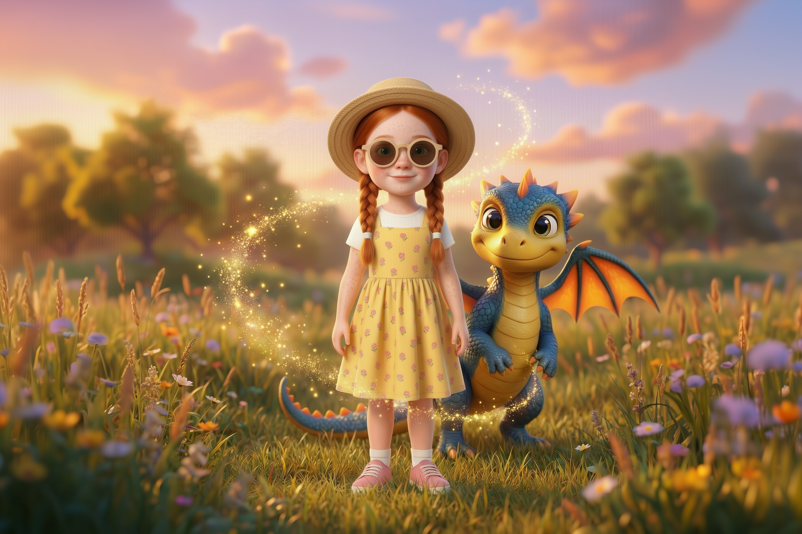 A 3D-illustrated girl with red braids, round sunglasses, and a straw hat in a yellow floral dress, standing with a friendly blue baby dragon in a magical meadow at sunset — the "Character" side of the personalization comparison slider.