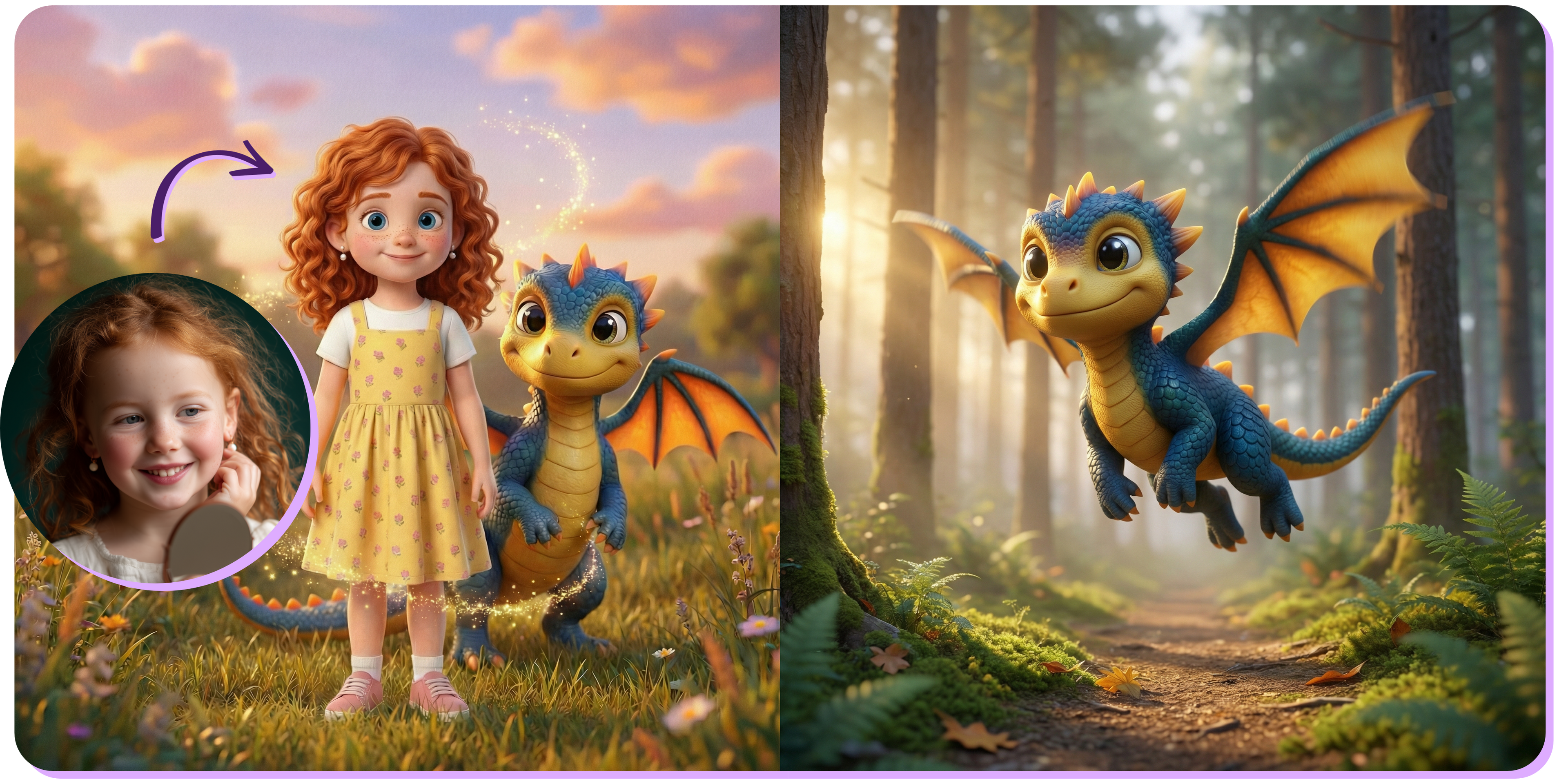 Promotional image for the personalized children's book "Child and the Courage Dragon." On the left, a 3D-illustrated red-haired girl in a yellow floral dress stands with a friendly blue baby dragon in a magical meadow at sunset — her appearance matches the real child's photo shown below with an arrow. On the right, the same baby dragon flies through a sunlit enchanted forest.