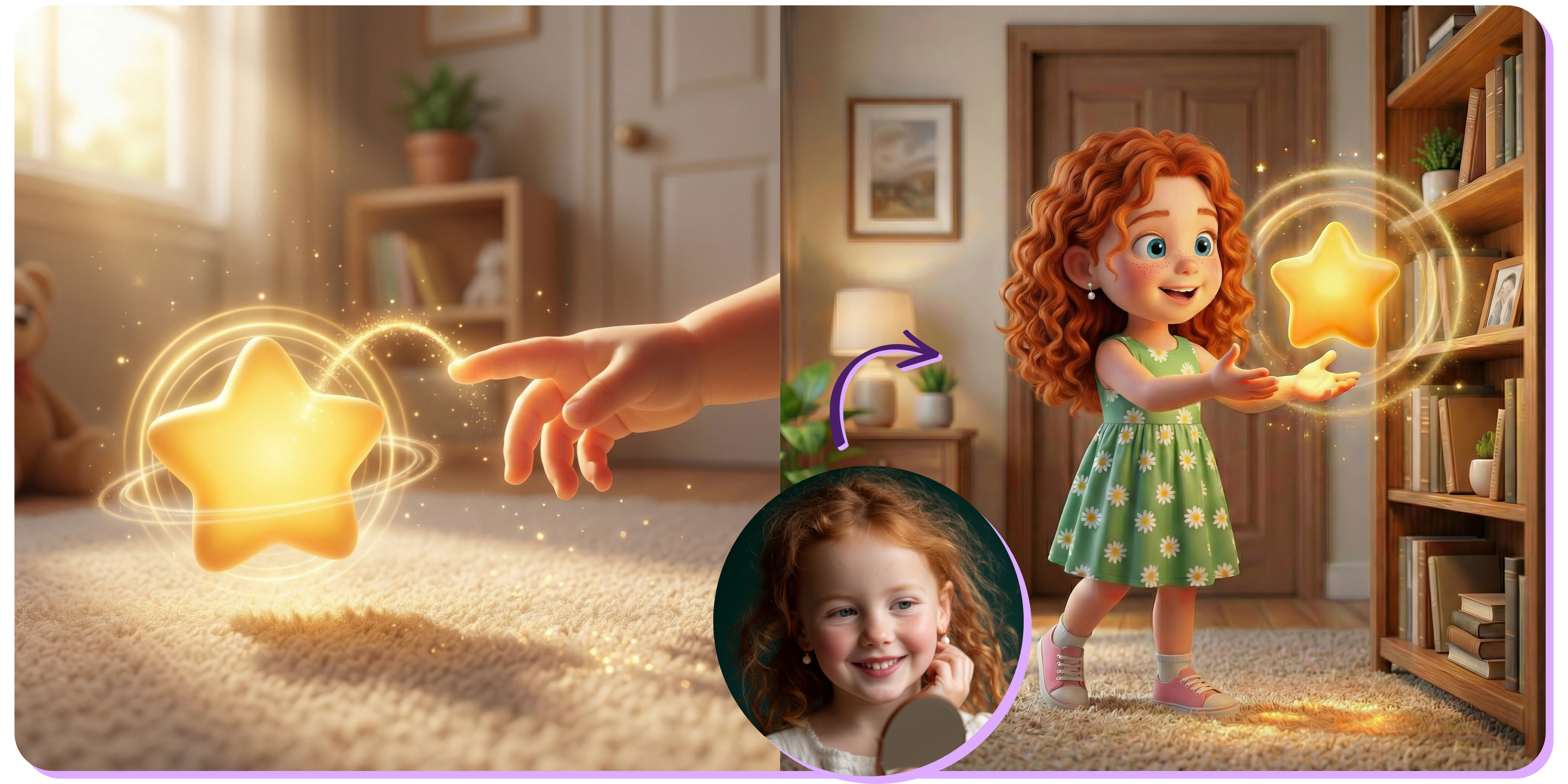Promotional image for the personalized children's book "Child and the Magic Box." On the left, a child's hand reaches toward a glowing magical star on a cozy carpet. On the right, a 3D-illustrated girl with red curly hair in a green floral dress stretches her hand toward the same glowing star near a bookshelf — her appearance matches the real child's photo shown below with an arrow.