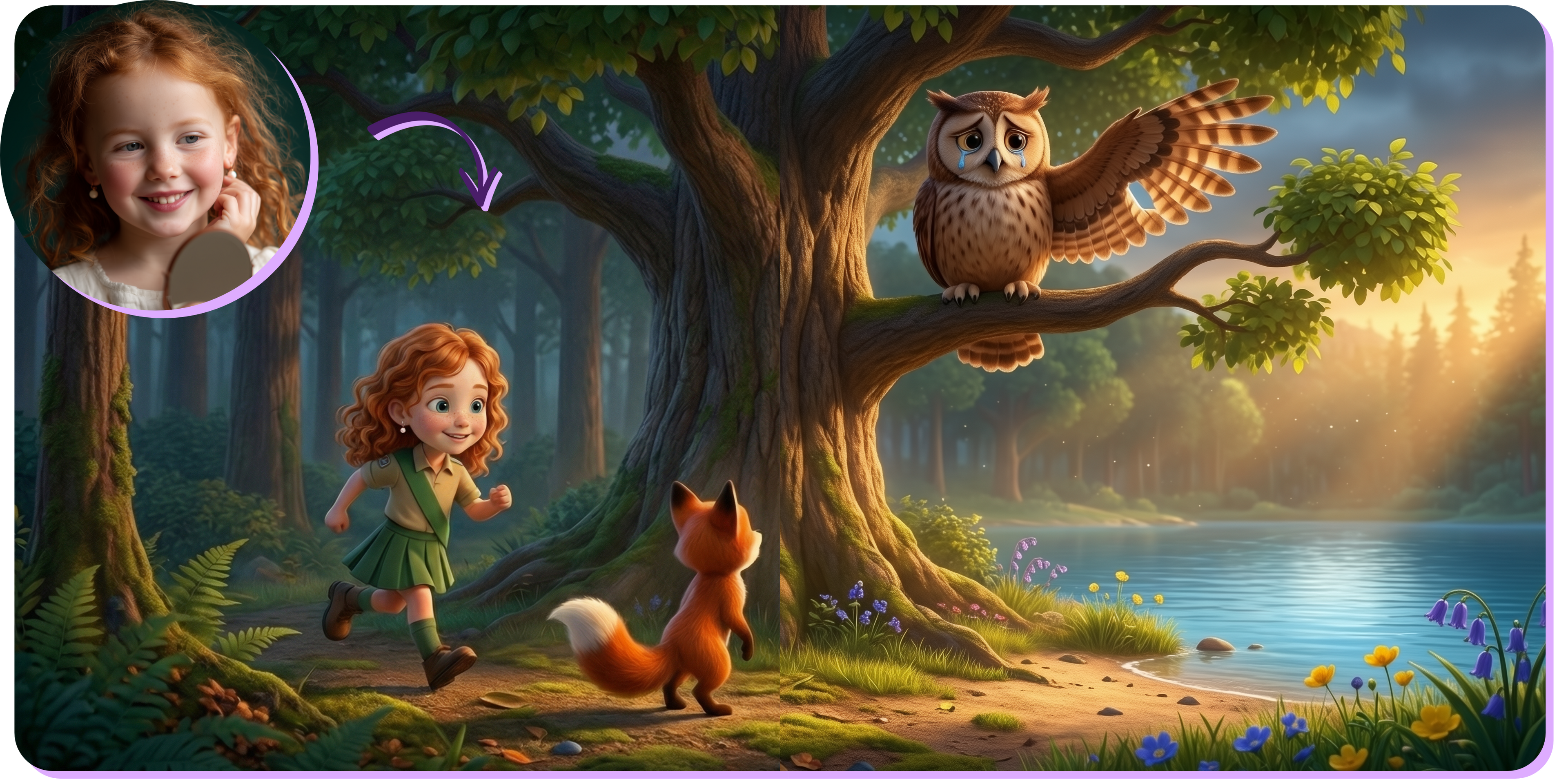 Promotional image for the personalized children's book "Child: Animal Helper." A 3D-illustrated red-haired girl in a ranger outfit runs through an enchanted forest alongside a fox toward a crying owl perched on a large tree by a glowing lake — her appearance matches the real child's photo shown in the top left with an arrow.