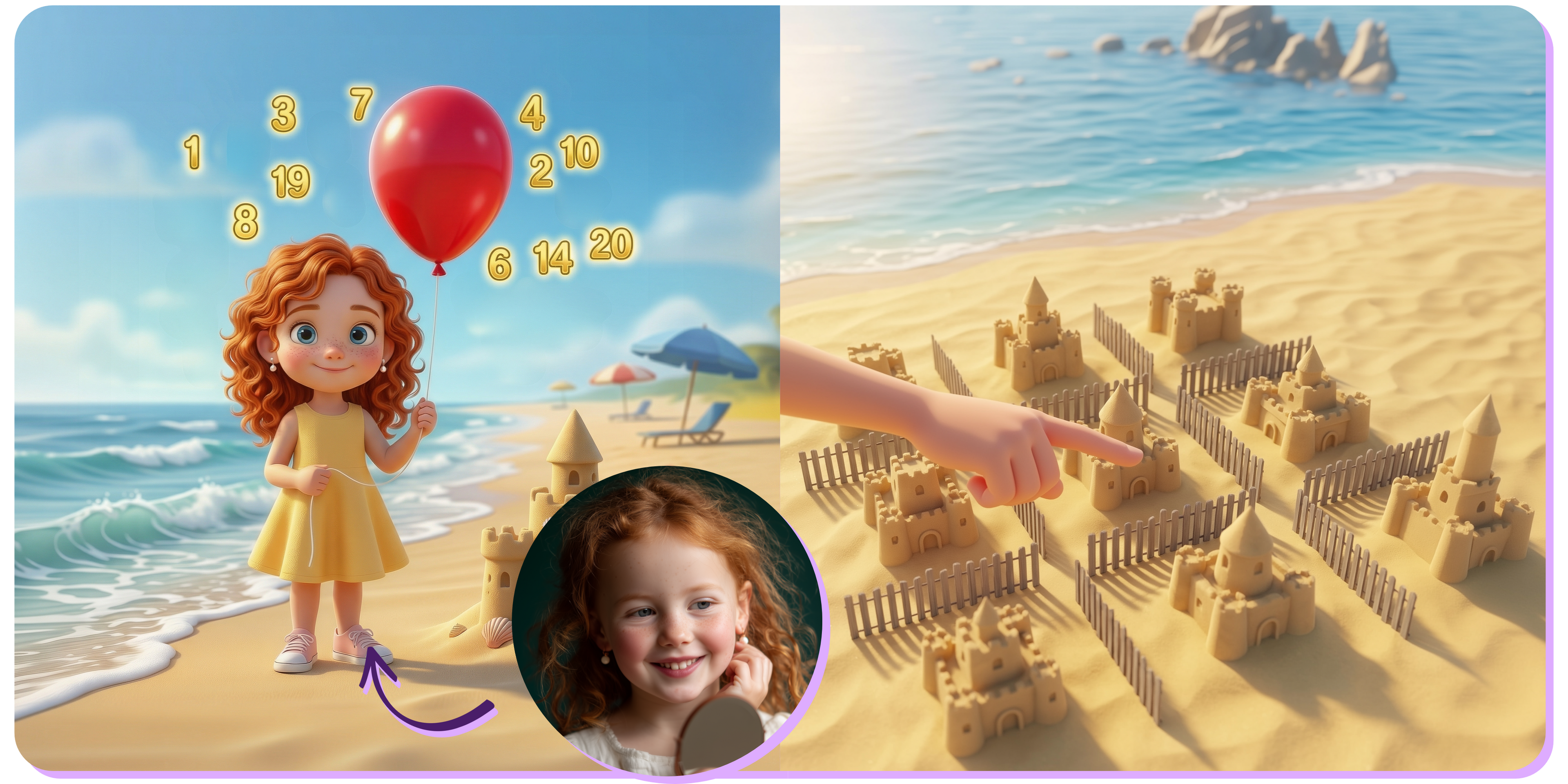 Promotional image for the personalized children's book "Child Counts to 20." On the left, a 3D-illustrated red-haired girl in a yellow dress holds a red balloon on a sunny beach, surrounded by floating numbers from 1 to 20 — her appearance matches the real child's photo shown below with an arrow. On the right, a child's hand points to a group of sandcastles on the beach.