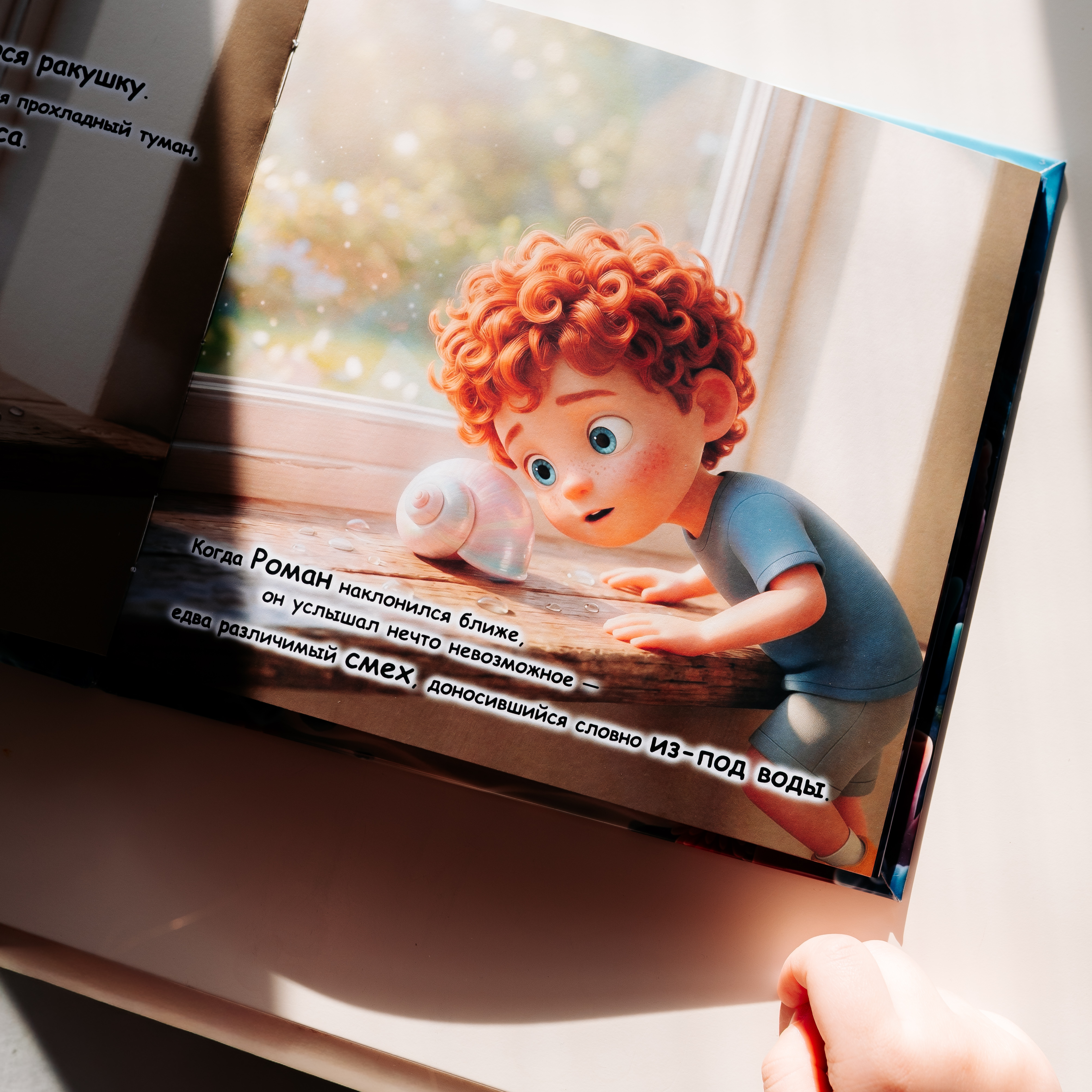 An open page of the personalized children's book "Child and the Lost Treasures of the Sea," showing a colorful illustration of a red-haired curly boy leaning in curiously to listen to a glowing seashell on a windowsill.