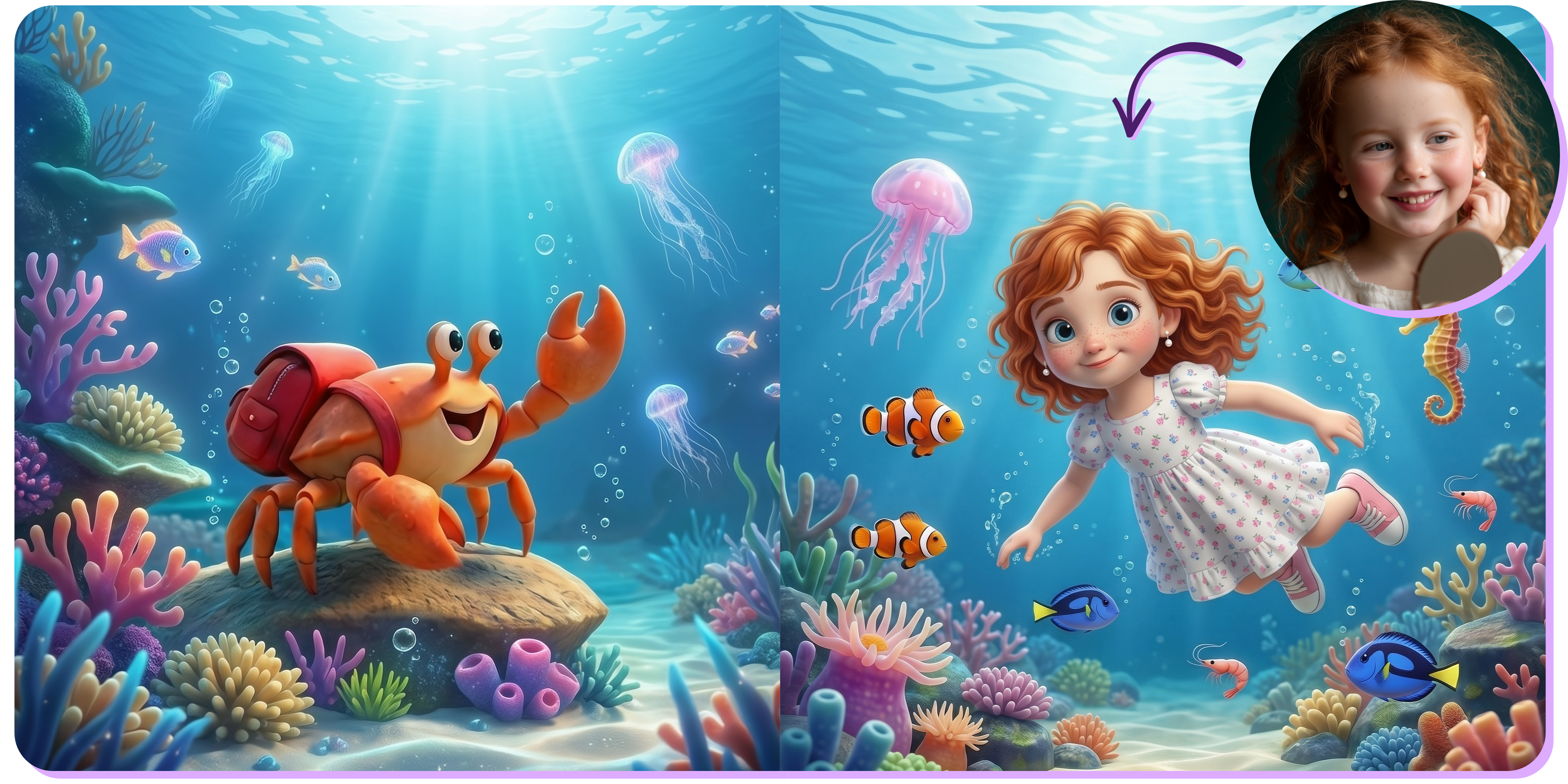 Promotional image for the personalized children's book "Child and the Lost Treasures of the Sea." On the left, a cheerful cartoon crab with a red backpack stands on a rock in a vibrant coral reef. On the right, a 3D-illustrated red-haired girl in a white floral dress swims among clownfish, jellyfish, and a seahorse — her appearance matches the real child's photo shown in the top right with an arrow.