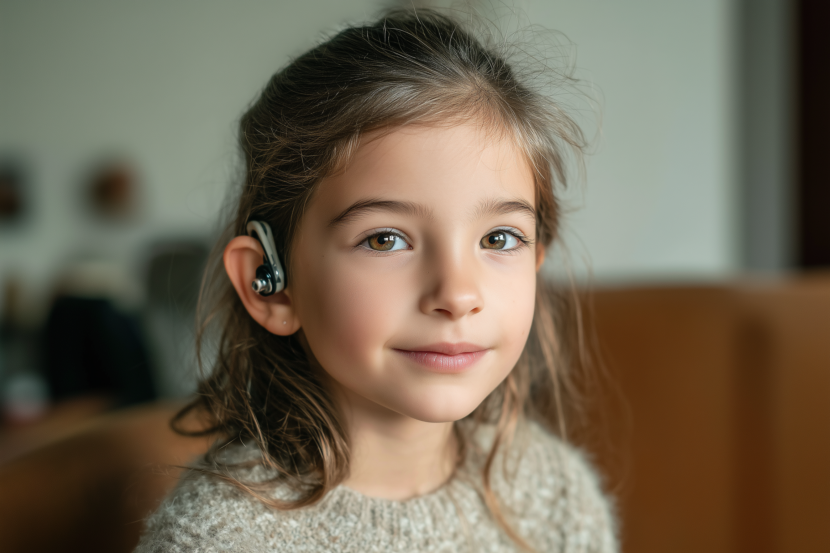 A real girl with brown hair and a hearing aid in a beige sweater, smiling softly — the "Child" side of the personalization comparison slider.