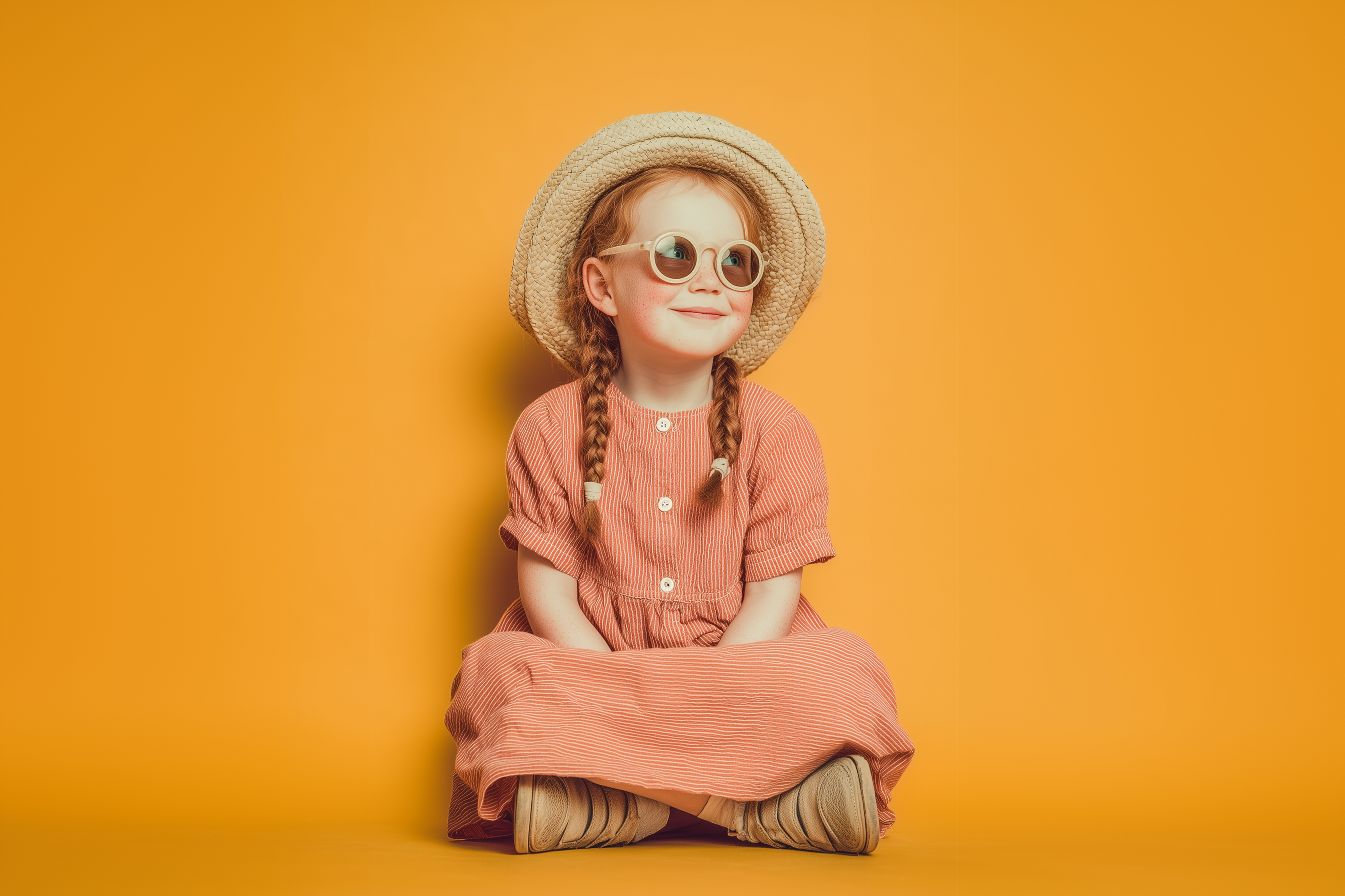 A real girl with red braids, round sunglasses, and a straw hat in a pink striped dress, sitting against an orange background — the "Child" side of the personalization comparison slider.
