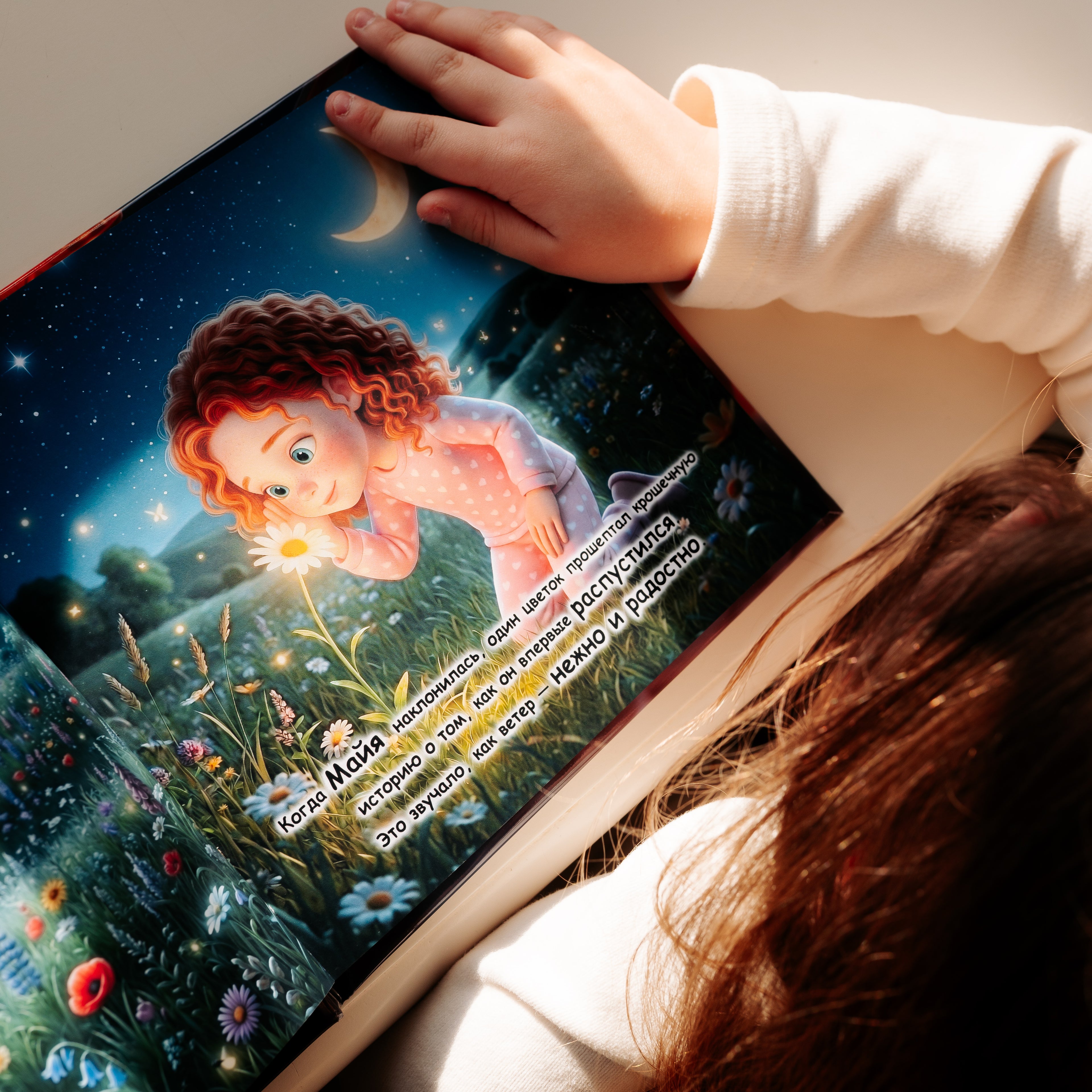 A child reads the personalized children's book "Child's Dream-Train Adventure," showing a colorful illustrated spread of a red-haired girl in pink polka dot pajamas leaning over a glowing night meadow full of flowers under a crescent moon.