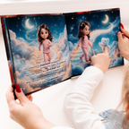 A person holds open the personalized children's book "Child's Dream-Train Adventure," showing a colorful illustrated spread of a dark-haired girl in pink pajamas walking up a rainbow staircase through clouds under a crescent moon, with a fluffy bear cloud companion on the right page.