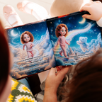 A child reads the personalized children's book "Child's Dream-Train Adventure," showing a colorful illustrated spread of a red-haired curly girl in pink pajamas walking up a rainbow staircase through clouds under a crescent moon, with a fluffy white bear cloud companion on the right page.