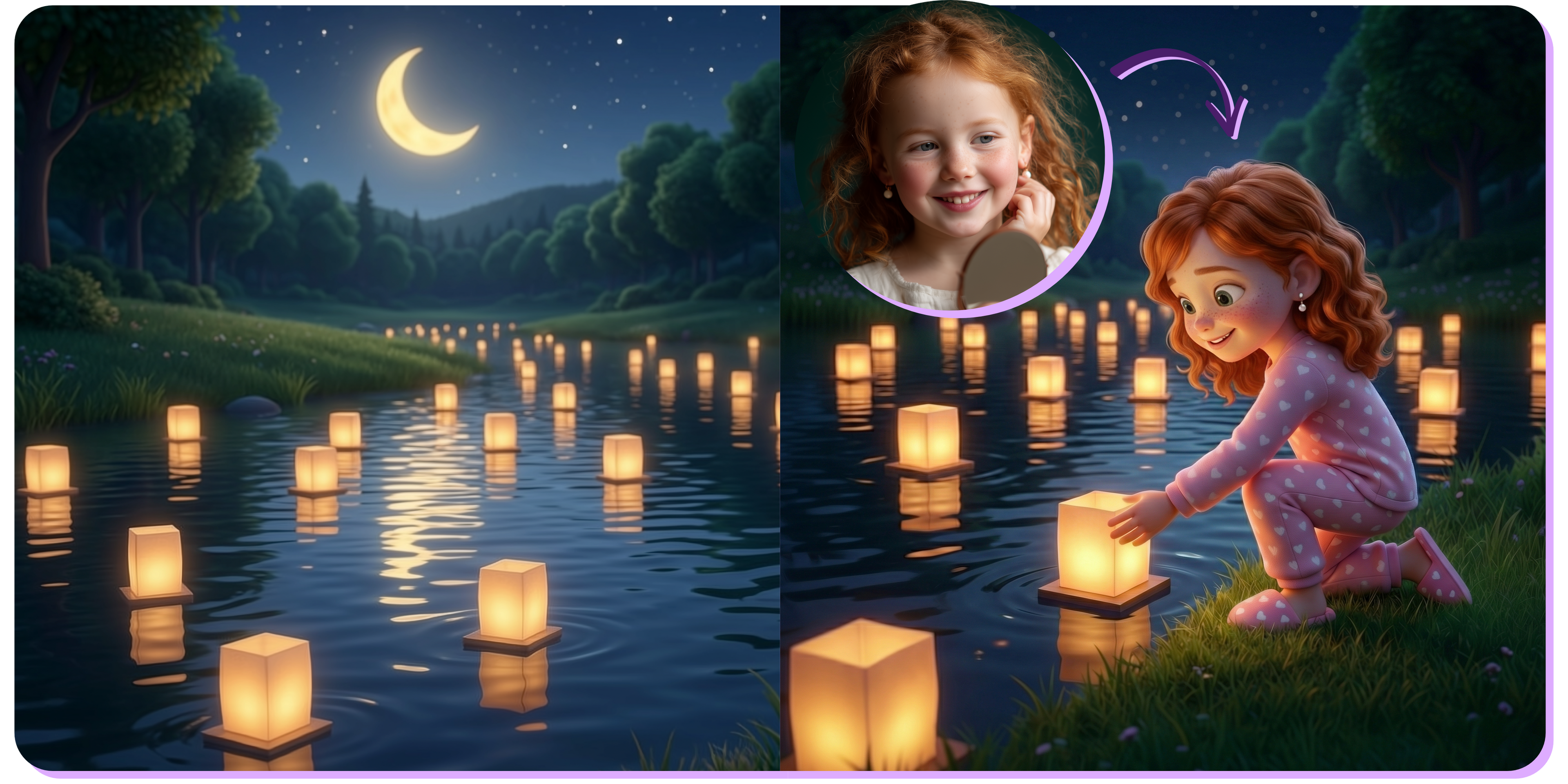 Promotional image for the personalized children's book "Child's Dream-Train Adventure." On the left, a serene moonlit river with glowing lanterns floating on the water. On the right, a 3D-illustrated red-haired girl in pink polka dot pajamas kneels by the riverbank and releases a glowing lantern — her appearance matches the real child's photo shown above with an arrow.