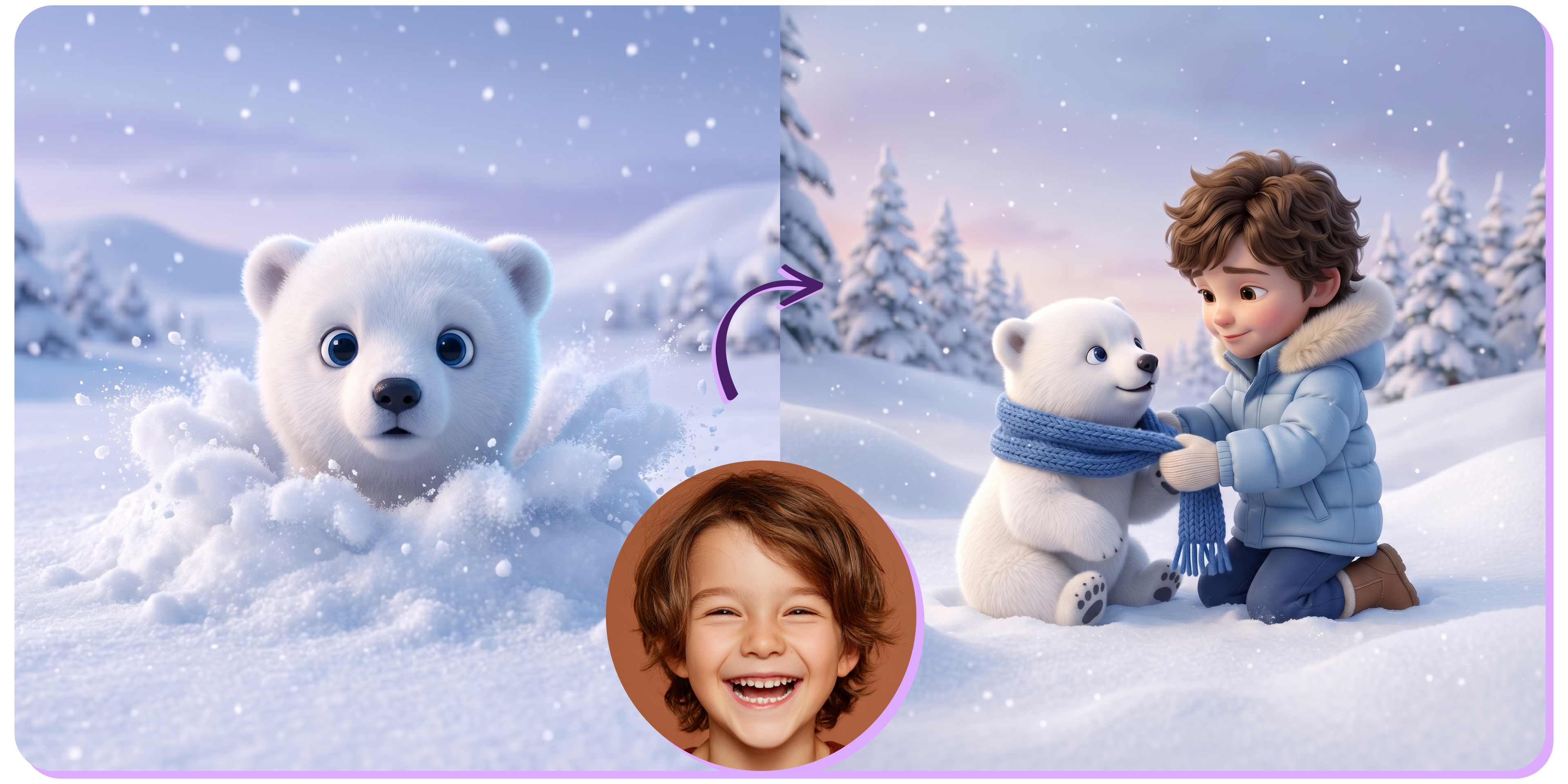 Promotional image for the personalized children's book "Child's Trip to the Arctic Lights." On the left, a fluffy baby polar bear peeks out of the snow with big blue eyes. On the right, a 3D-illustrated brown-haired boy in a light blue puffer jacket gently wraps a blue scarf around the same polar bear cub in a snowy winter landscape — his appearance matches the real child's photo shown below with an arrow.