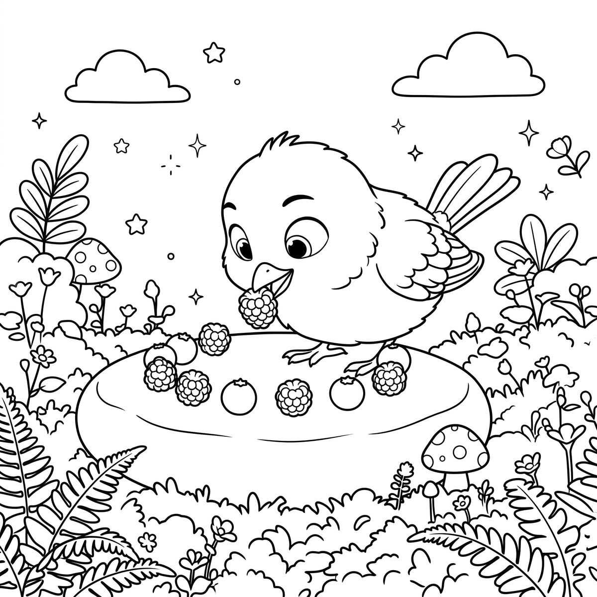 Black and white line art coloring page featuring a cute cartoon bird pecking at berries on a plate, surrounded by plants, flowers, mushrooms, and clouds.