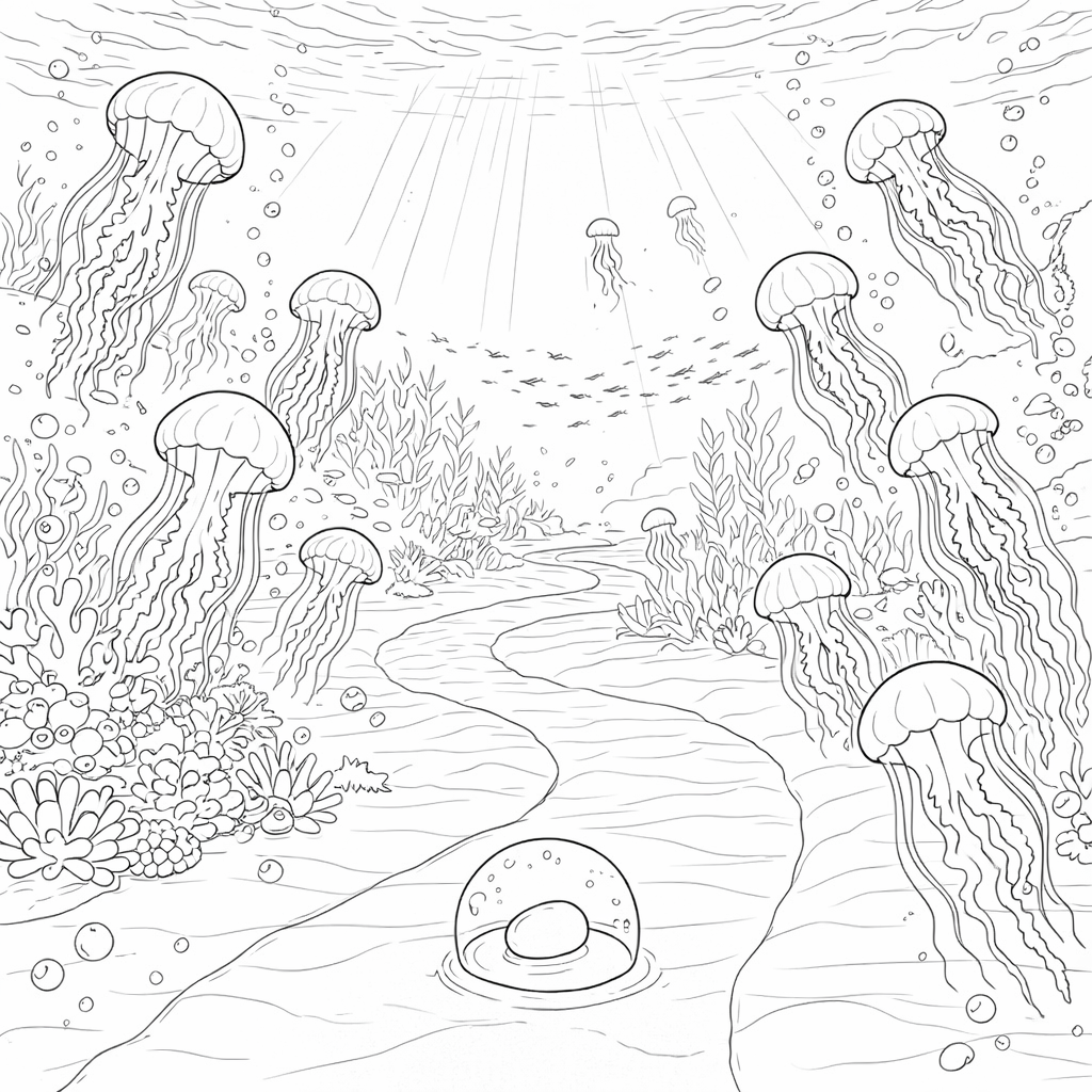 Black and white line art illustration of an underwater scene with jellyfish, bubbles, marine plants, and a winding path, shown as a coloring-page style design.
