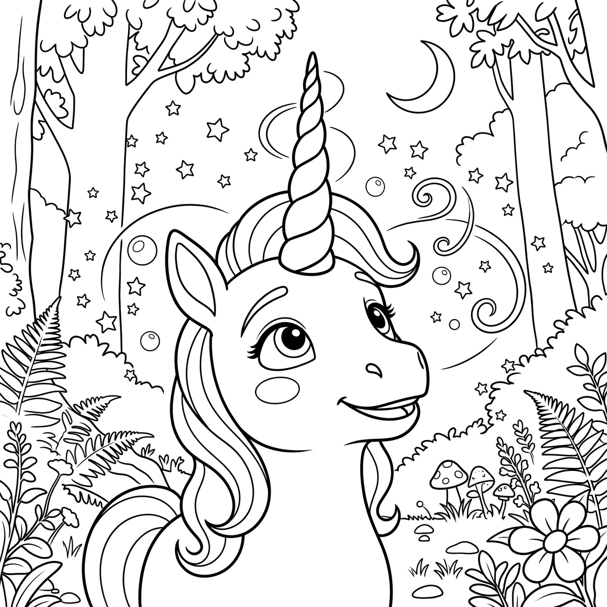 Black and white line art coloring page featuring a cute cartoon unicorn in a whimsical forest with stars, moon, flowers, and mushrooms.