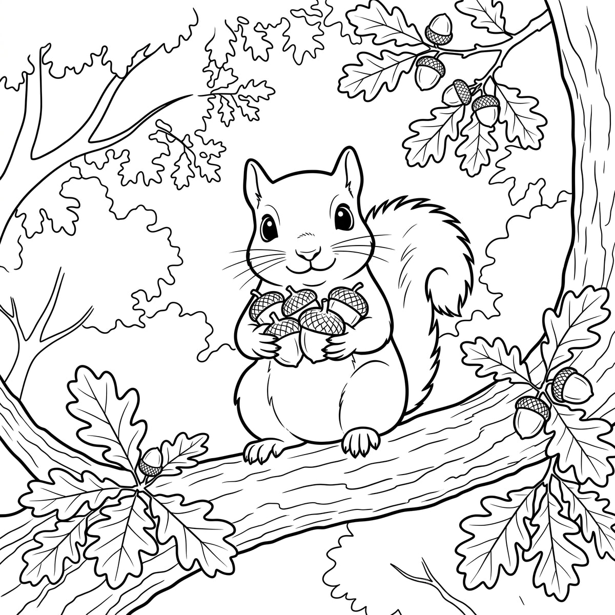 Black and white line art illustration of a squirrel sitting on an oak tree branch and holding acorns, surrounded by oak leaves.