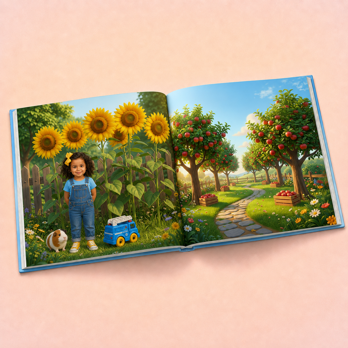 An open illustrated children's book lying on a soft pink background, showing a colorful garden scene with sunflowers, an apple orchard, a stone path, and a young girl standing beside a blue toy truck.