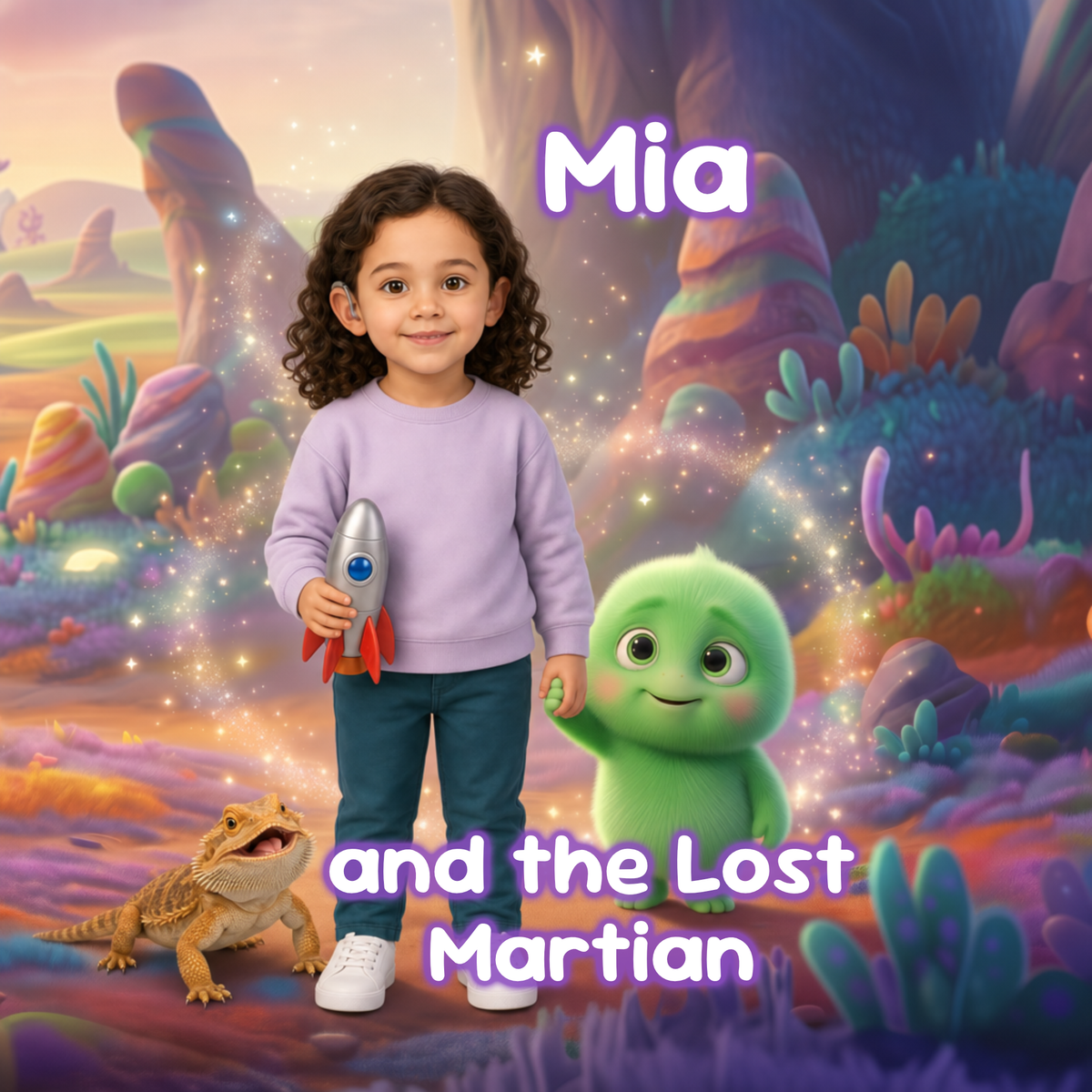 A child stands in a colorful fantasy landscape holding a small rocket, with the text 'Mia and the Lost Martian' and a green cartoon creature beside them. This appears to be a digital illustration or personalized artwork rather than a standard product photo.