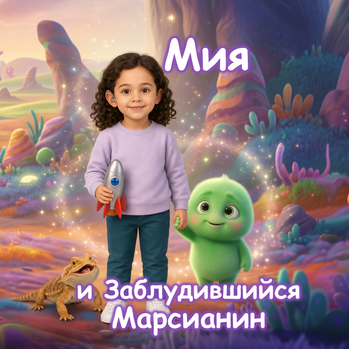 A child stands in a colorful fantasy landscape holding a small rocket toy, with a green cartoon creature beside them and Russian text overlaid on the image.