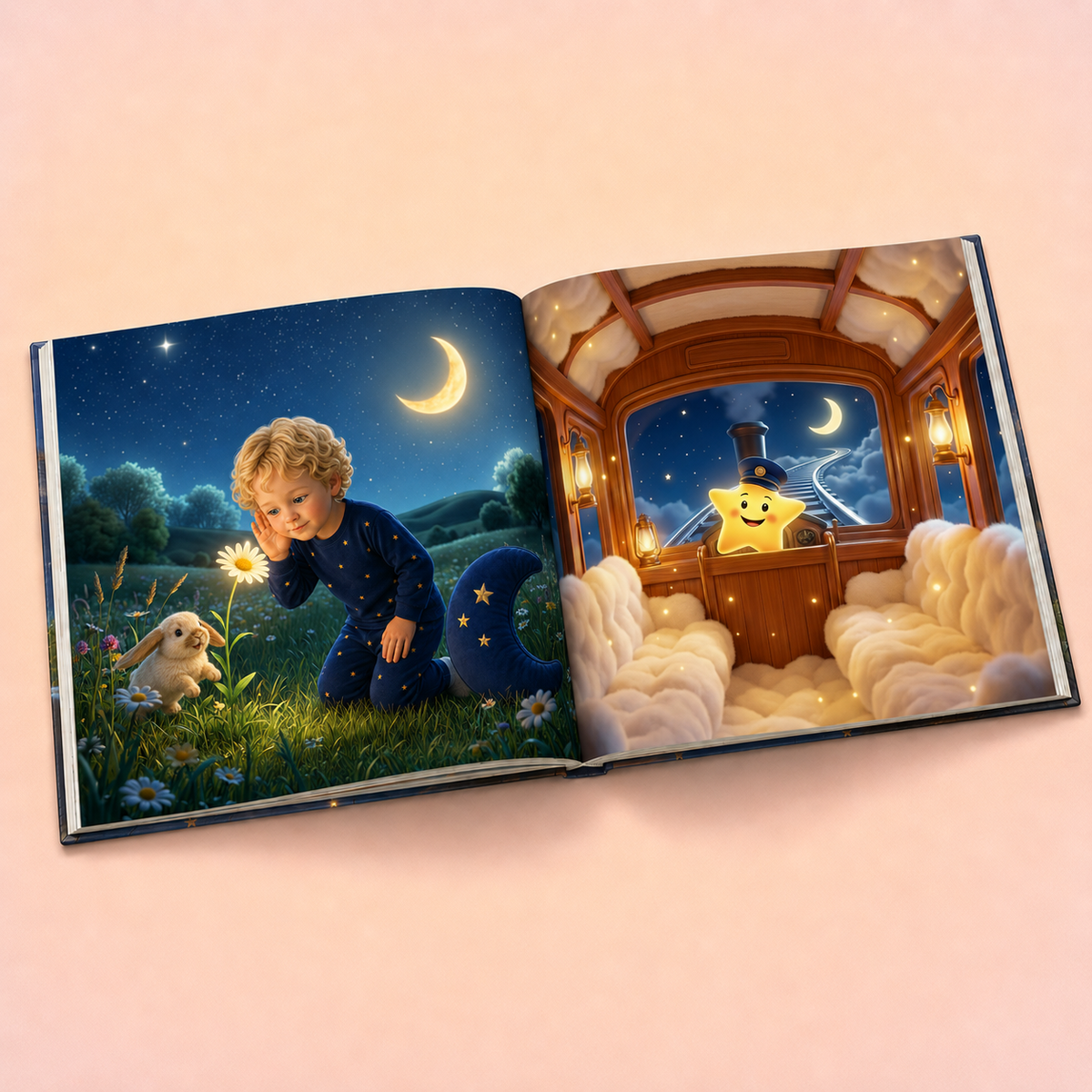 An open children's picture book displayed on a soft pink background. The left page shows a child in blue pajamas kneeling in a grassy field at night under a crescent moon and stars, with a small white rabbit beside them.