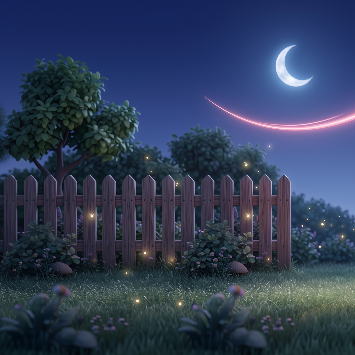 A whimsical digital illustration of a wooden picket fence in a grassy yard at night, decorated with glowing fairy lights. In the background, there are trees under a dark blue night sky with a glowing crescent moon and a pink light trail.
