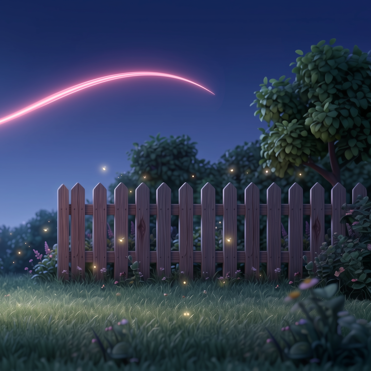 A digital illustration of a wooden picket fence in a grassy yard at dusk, with glowing fireflies, a tree on the right, and a pink light streak in the blue night sky.