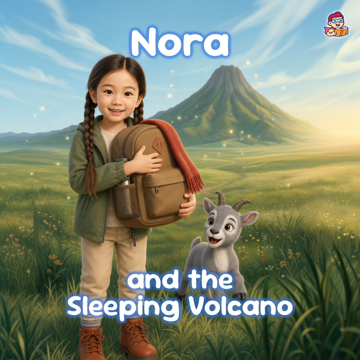 A stylized illustration of a young girl standing in a grassy landscape with a volcano in the background, holding a brown backpack and wearing a green jacket and beige pants. Text on the image reads 'Nora and the Sleeping Volcano.