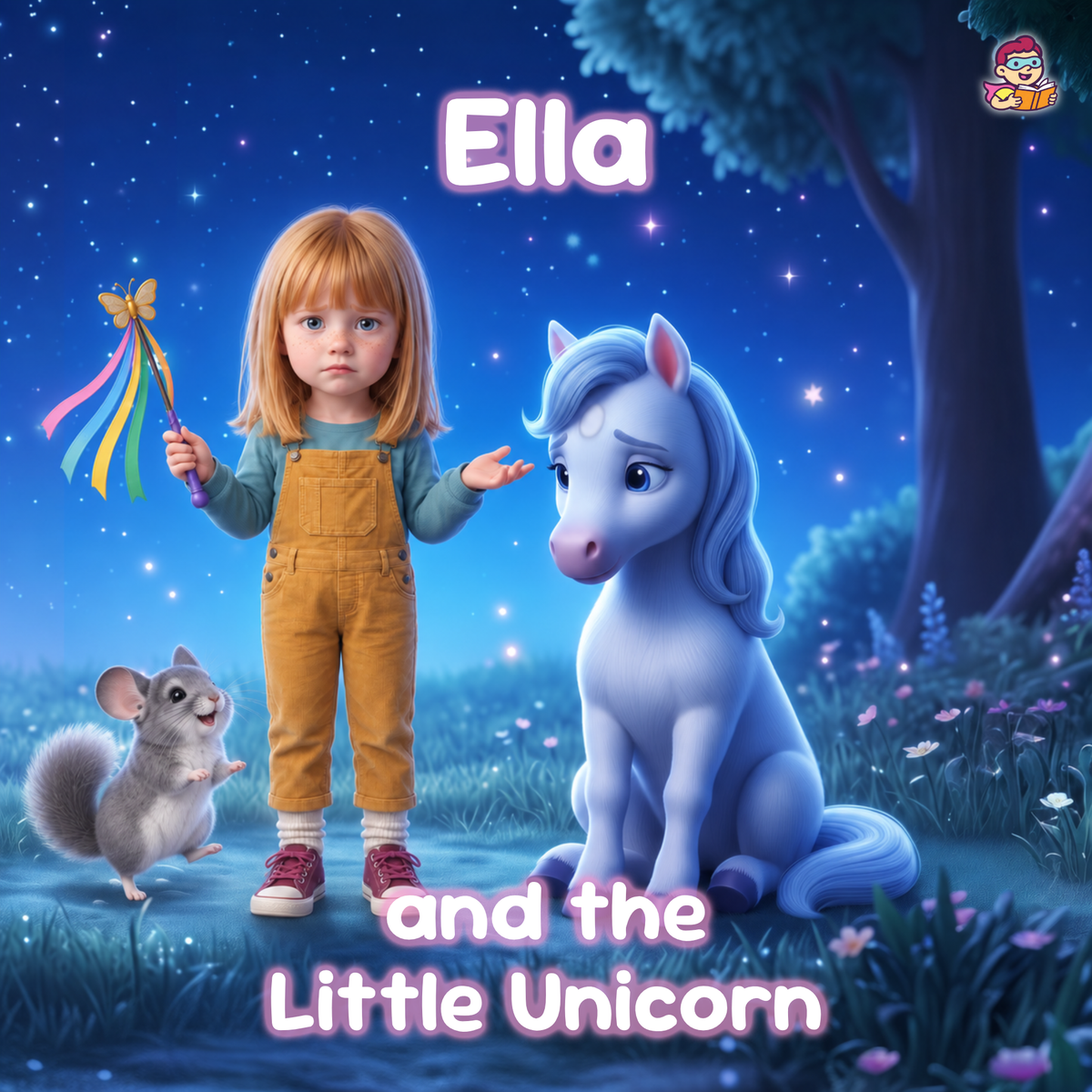 A children's book cover or poster-style artwork titled 'Ella and the Little Unicorn' showing a young girl with blonde hair in mustard overalls holding a rainbow wand, standing beside a pale blue unicorn in a starry blue night forest. A small gray mouse appears at the lower left.
