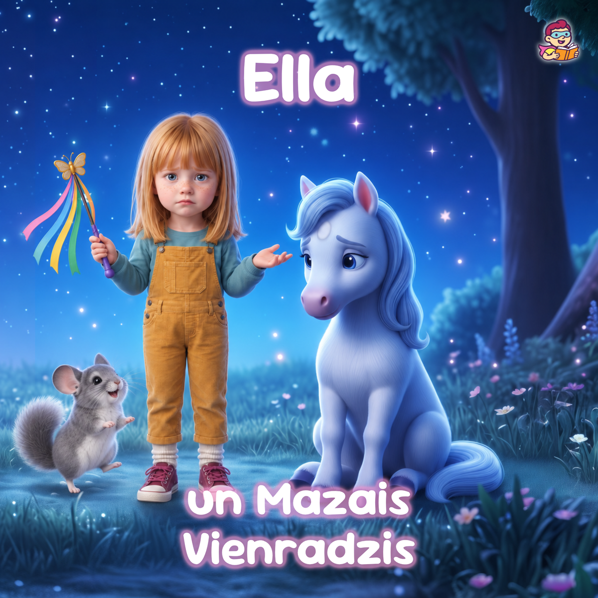 A stylized illustrated scene with a young girl in tan overalls holding a rainbow wand, a pale blue pony, and a small gray mouse under a starry blue night sky. Large text reads 'Ella' and 'un Mazais Vienradzis', with a small cartoon logo in the top-right corner.