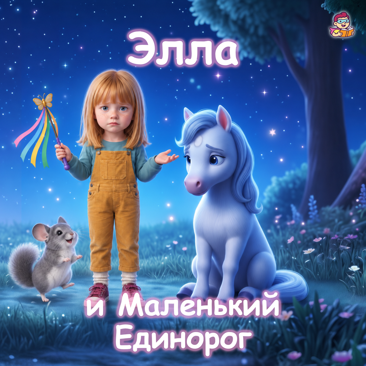 A whimsical illustrated scene with a young girl in mustard overalls holding a rainbow wand, a pale blue pony, and a small gray mouse under a starry blue night sky. Russian text appears at the top and bottom, and a small cartoon logo is in the upper right corner.