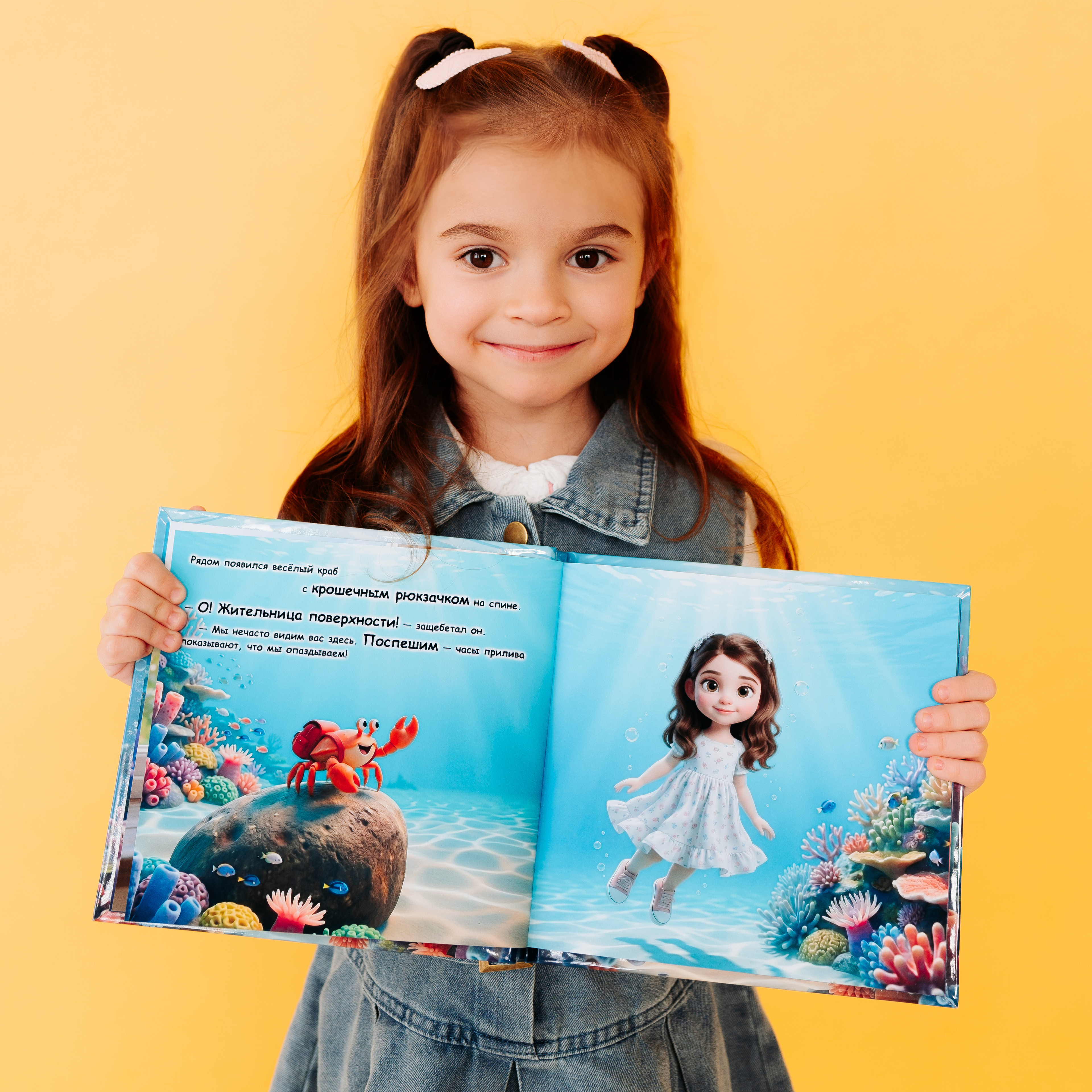 A smiling red-haired girl holds open her personalized children's book "Child and the Lost Treasures of the Sea," showing a colorful illustrated spread with a cheerful crab on a coral reef on the left page and a dark-haired cartoon girl swimming underwater on the right page.