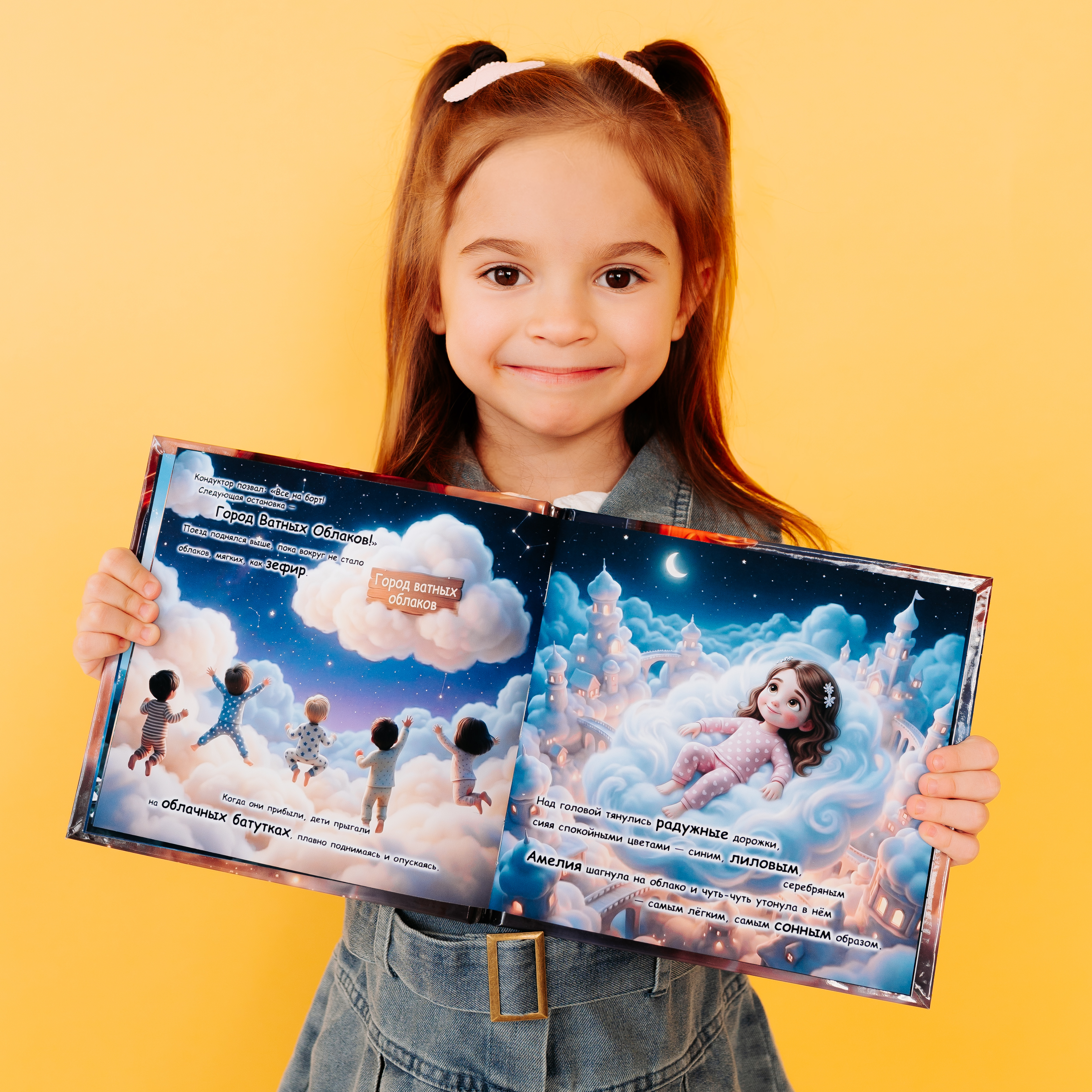 A smiling red-haired girl holds open her personalized book "Child's Dream-Train Adventure," showing a colorful illustrated spread of children jumping on cloud trampolines in a magical cloud city under a crescent moon, with a cartoon girl floating dreamily on a cloud on the right page.
