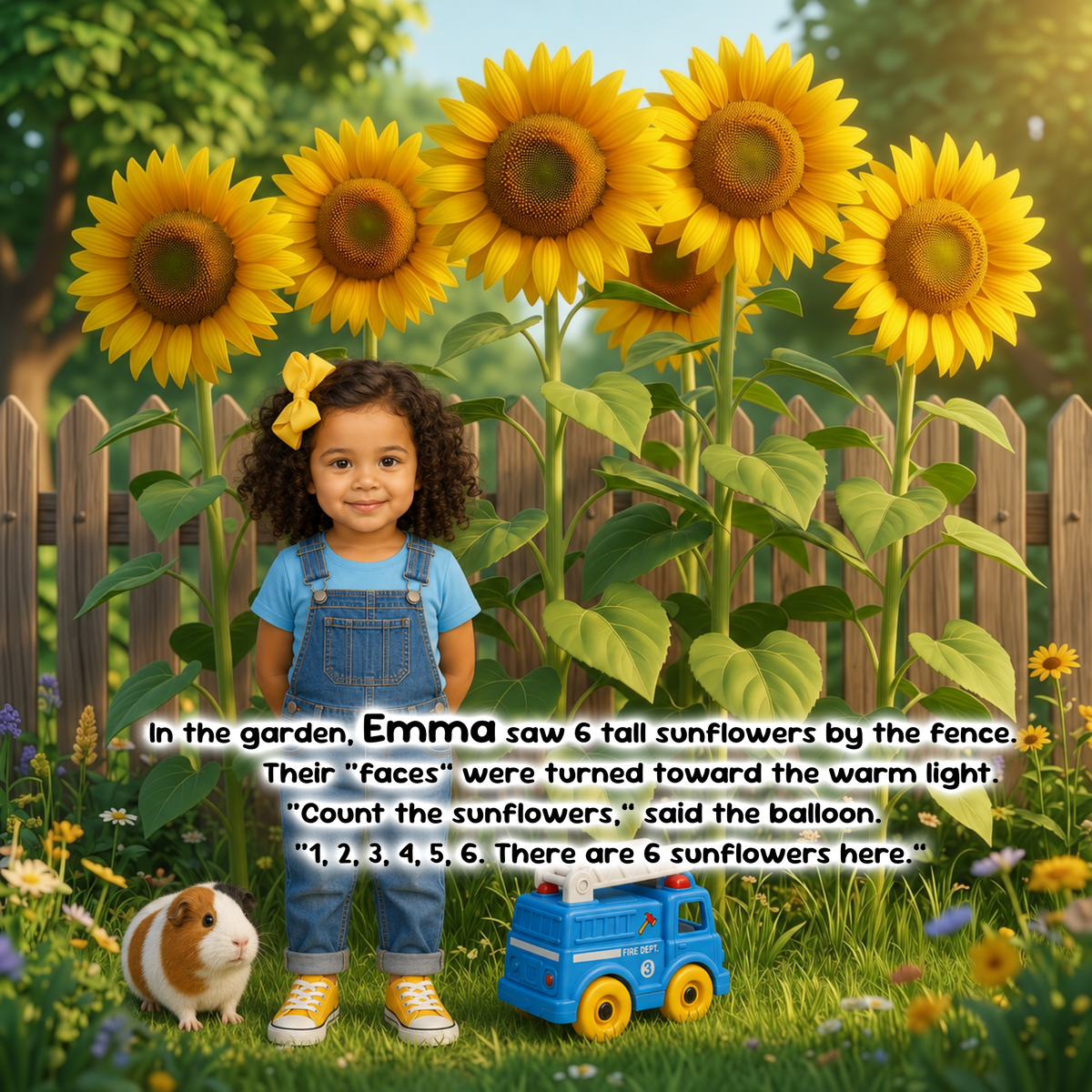 A young girl stands in a sunny garden in front of large sunflower plants, with a wooden fence behind her. A guinea pig is at her left, and a blue toy truck is at her right.