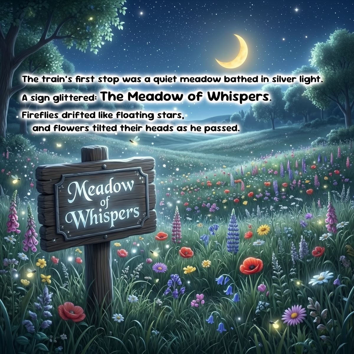 A whimsical illustrated meadow at night with a wooden sign reading 'Meadow of Whispers,' surrounded by glowing wildflowers, trees, and a crescent moon. White text at the top describes the scene and references 'The Meadow of Whispers.