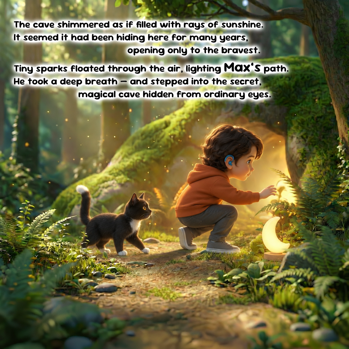 A child in an orange hoodie crouches in a glowing forest cave beside a black-and-white cat, with warm light shining from within the cave. White text at the top reads, 'The cave shimmered as if filled with rays of sunshine.