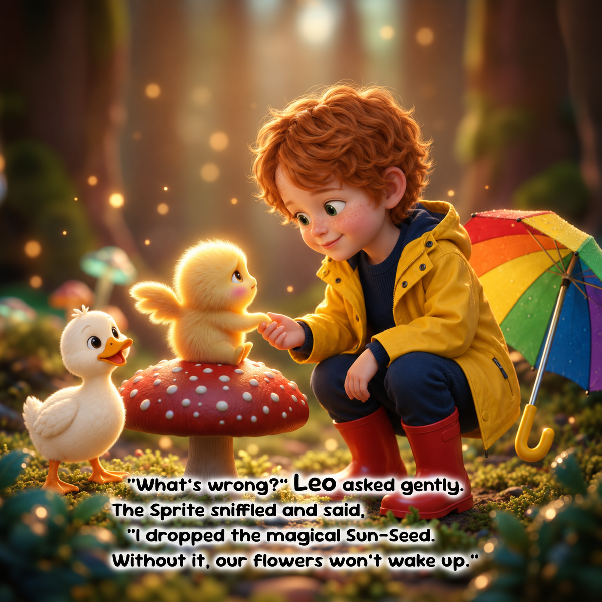 A heartwarming fantasy scene shows a young child in a yellow raincoat crouching beside a small yellow duckling on a mushroom, with another duck nearby and a rainbow umbrella. Text at the bottom reads, “What’s wrong? Leo asked gently.
