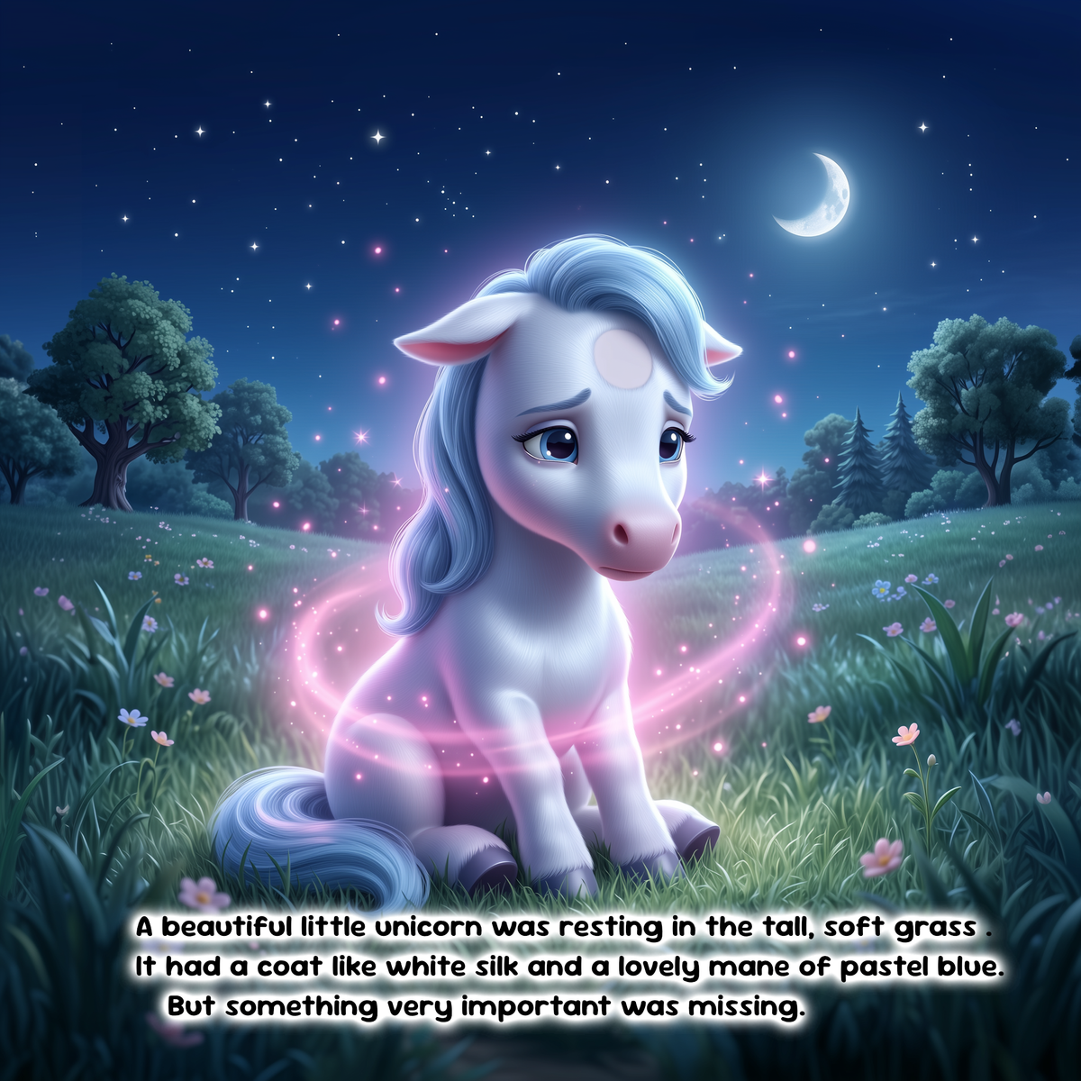 A whimsical digital illustration of a sad little unicorn sitting in a grassy field at night under a crescent moon. The unicorn has a white coat with pastel blue mane and tail, and a pink magical glow surrounds it.