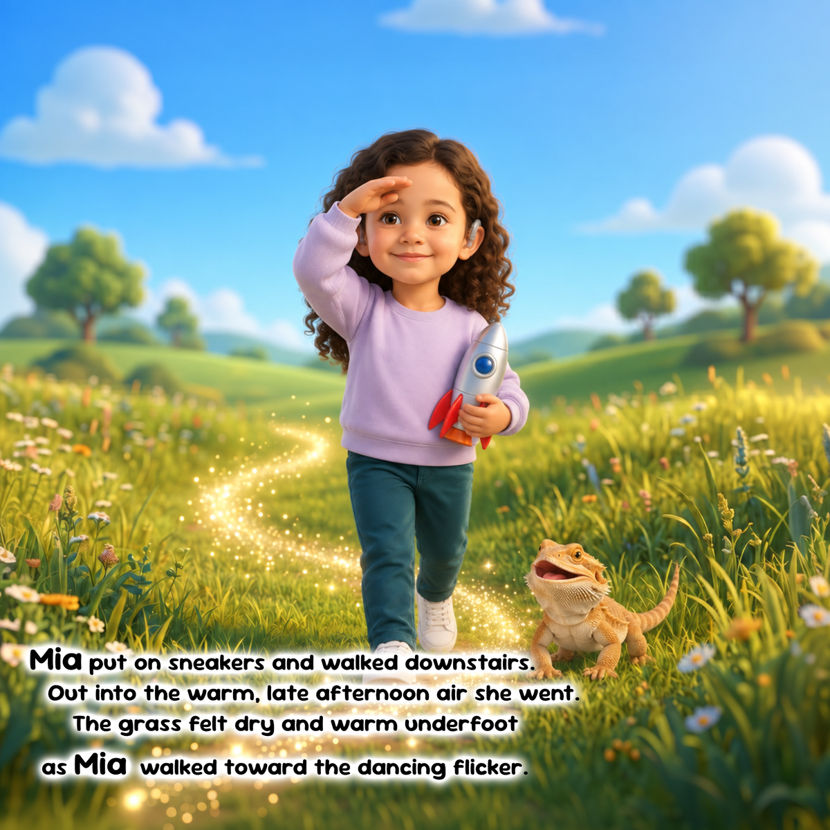 A young girl with curly brown hair stands in a grassy field holding a small toy rocket, with a bearded dragon beside her. The scene is bright and sunny with blue sky, clouds, and rolling green hills in the background.