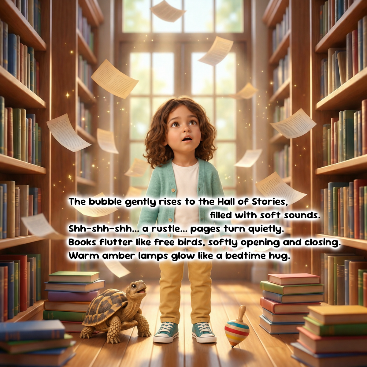 A child stands in a library aisle surrounded by bookshelves, books, floating paper pages, and a small turtle, with a large poem overlaid in the center. This is not a clean product shot, not a measurement chart, swatch, or instruction diagram, and there is no obvious sellable physical product isolated in the frame.