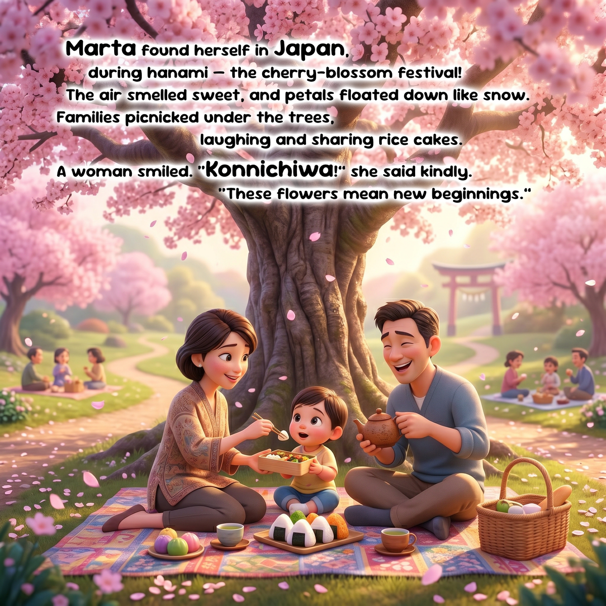A family picnic scene under blooming cherry blossom trees in Japan, with a father, mother, and child sharing rice cakes on a blanket. Text at the top reads: 'Marta found herself in Japan, during hanami — the cherry-blossom festival! The air smelled sweet, and petals floated down like snow.