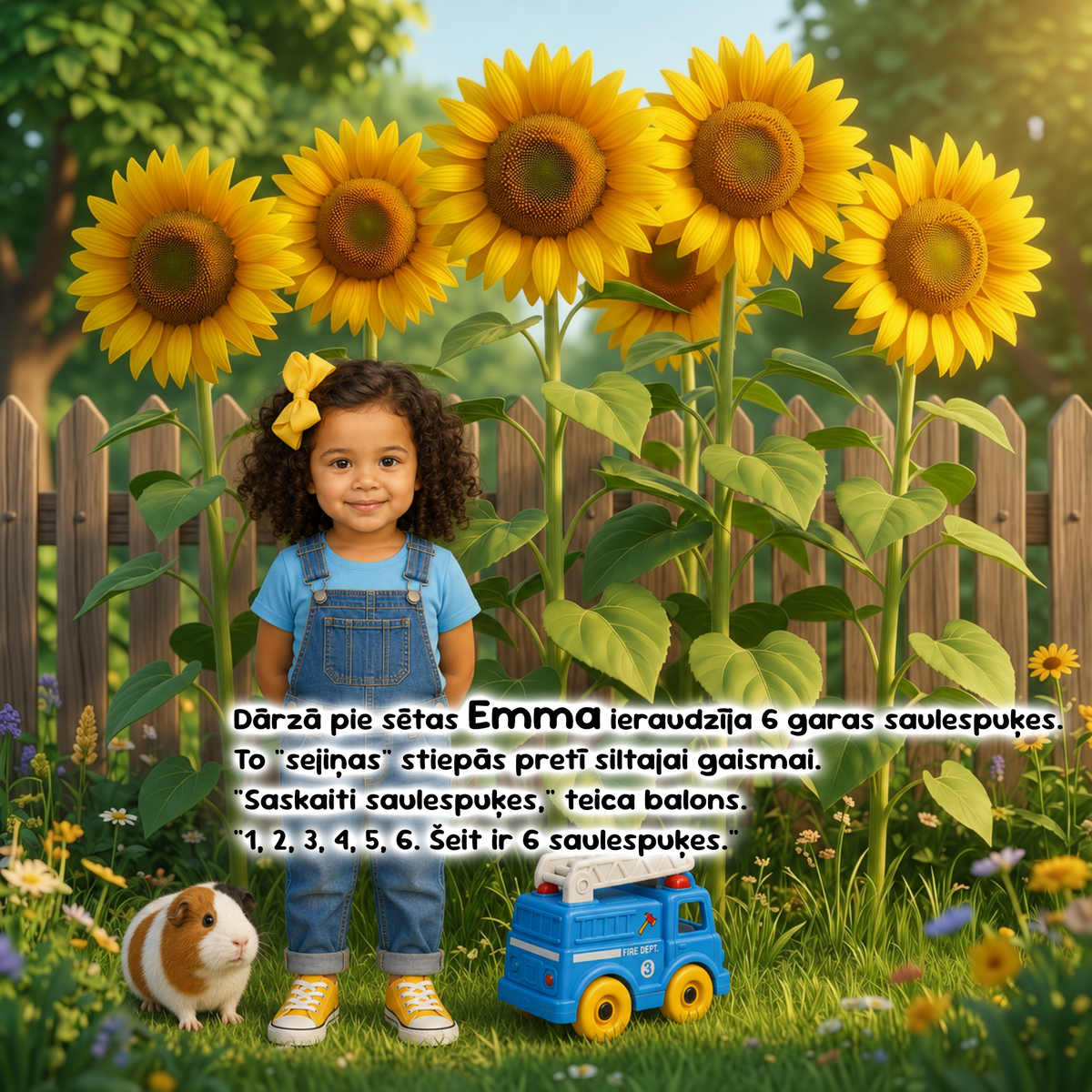 A young girl stands in a sunny garden among giant sunflowers, with a wooden fence behind her. She is wearing a blue T-shirt and denim overalls, and there is a small blue toy truck and a guinea pig in the grass.