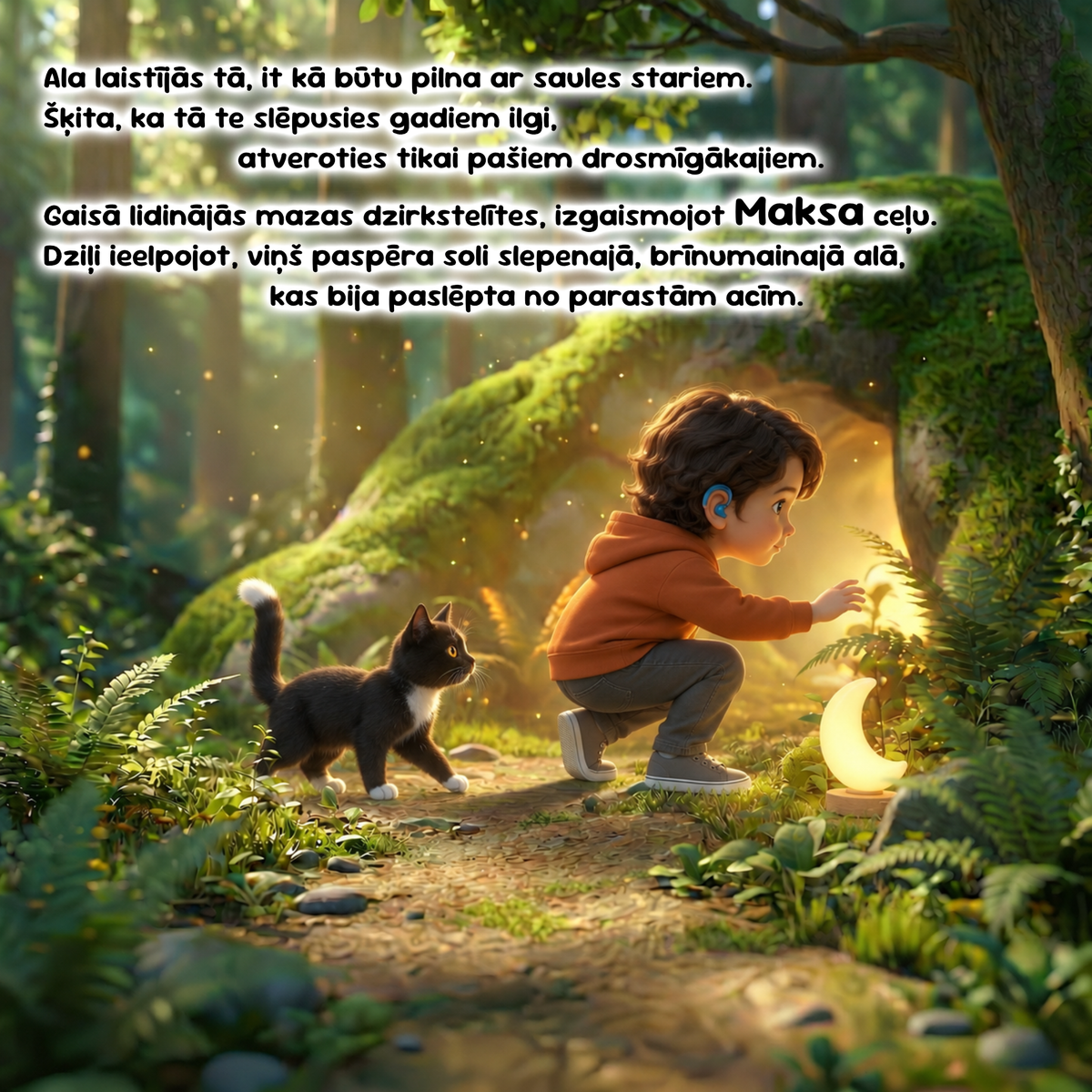 A child in an orange hoodie crouches in a lush green forest beside a black-and-white cat, holding a glowing crescent moon. The scene is softly lit with warm light from the moon and golden particles floating in the air.