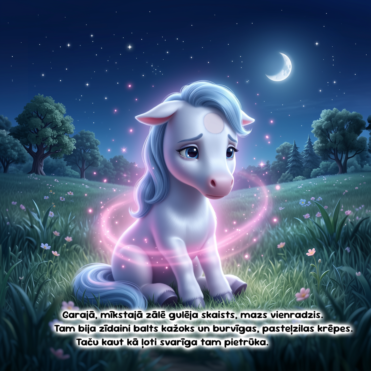 A whimsical digital illustration of a sad white pony with a blue mane sitting in a grassy field at night under a crescent moon and stars. The pony has a glowing pink magical aura around its body and Latvian text overlaid at the bottom.